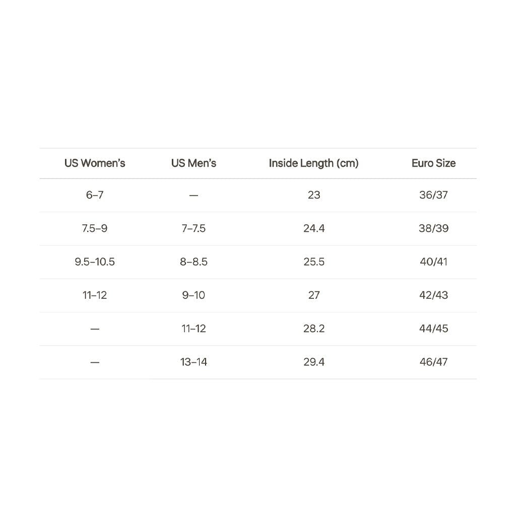 A size chart table showing US Women's, US Men's, Inside Length in cm, and Euro Size conversions on a white background.