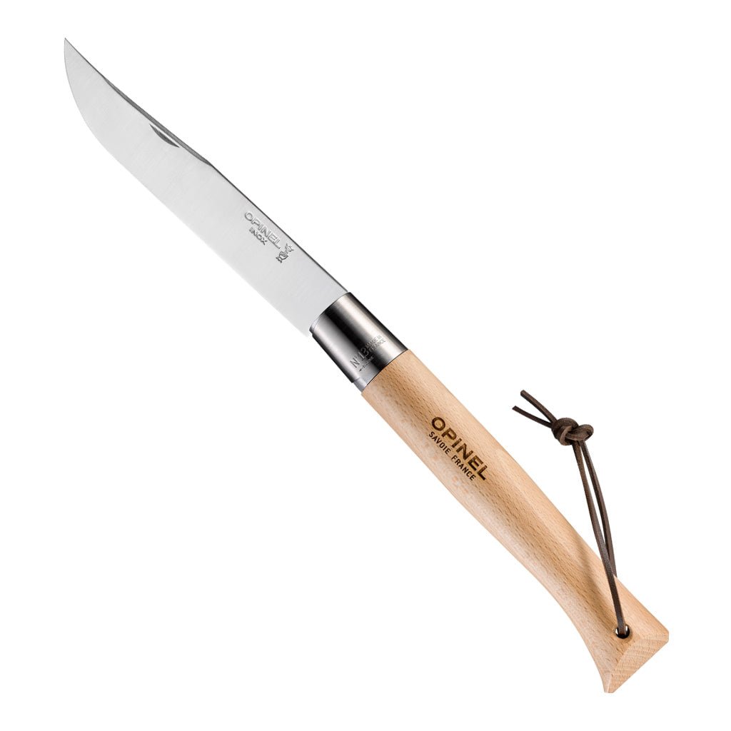 Front of giant Opinel folding knife with blade extended and brand engraving.