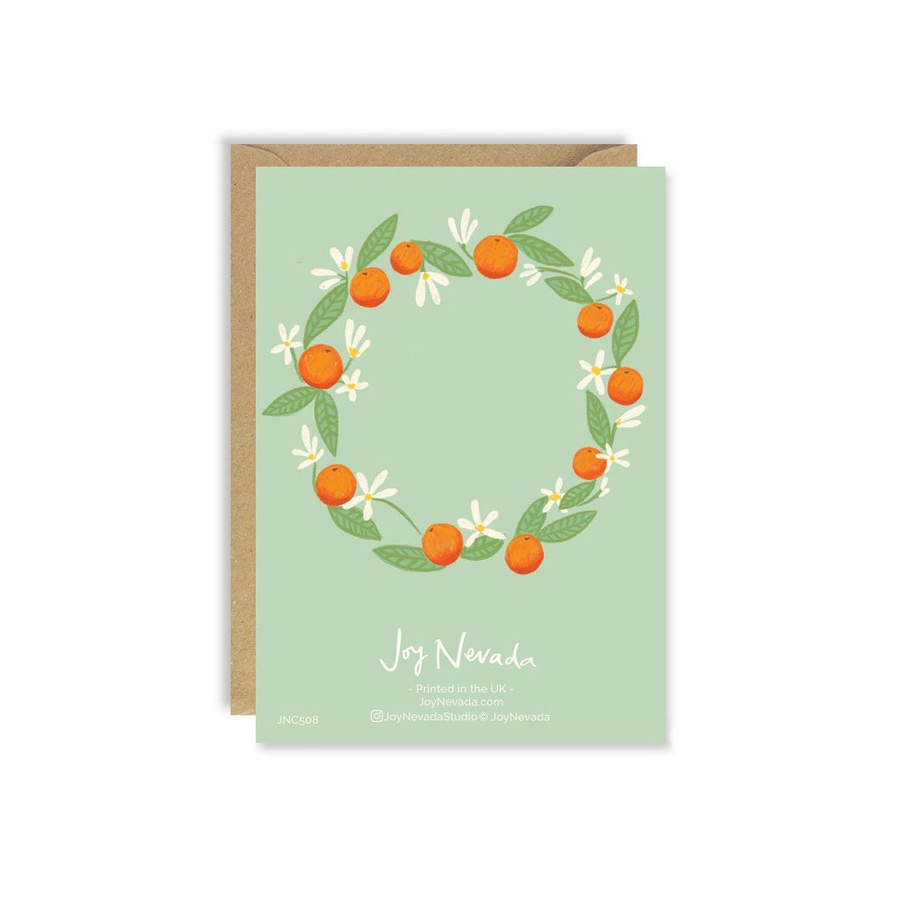 Back of card with orange blossom garland
