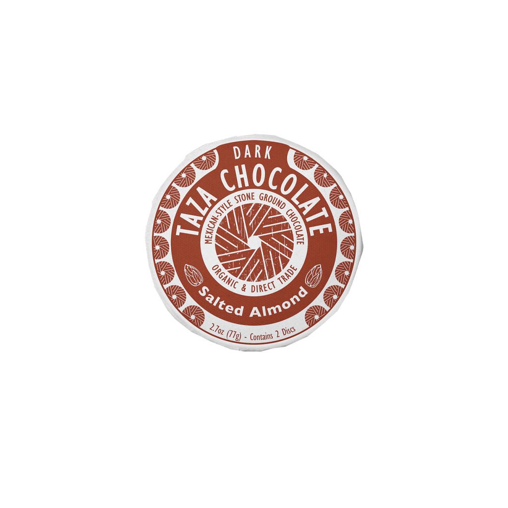 Taza Chocolate Dark Salted Almond stone ground chocolate disc in packaging on a white background