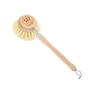 A wooden-handled cleaning brush with hard natural bristles and a metal hook at the end, shown on a plain white background.