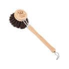 A wooden-handled cleaning brush with soft natural bristles and a metal hook at the end, shown on a plain white background.
