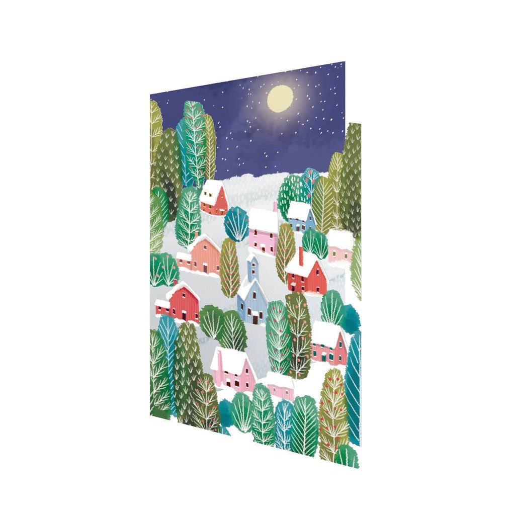 Illustrated greeting card with a winter village scene on a white background.