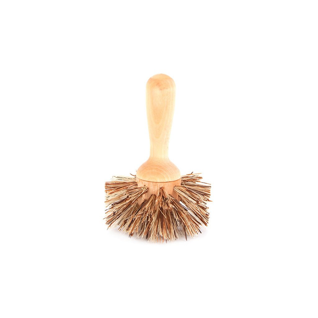 Small wooden dish pan brush with dark union fiber bristles on white background