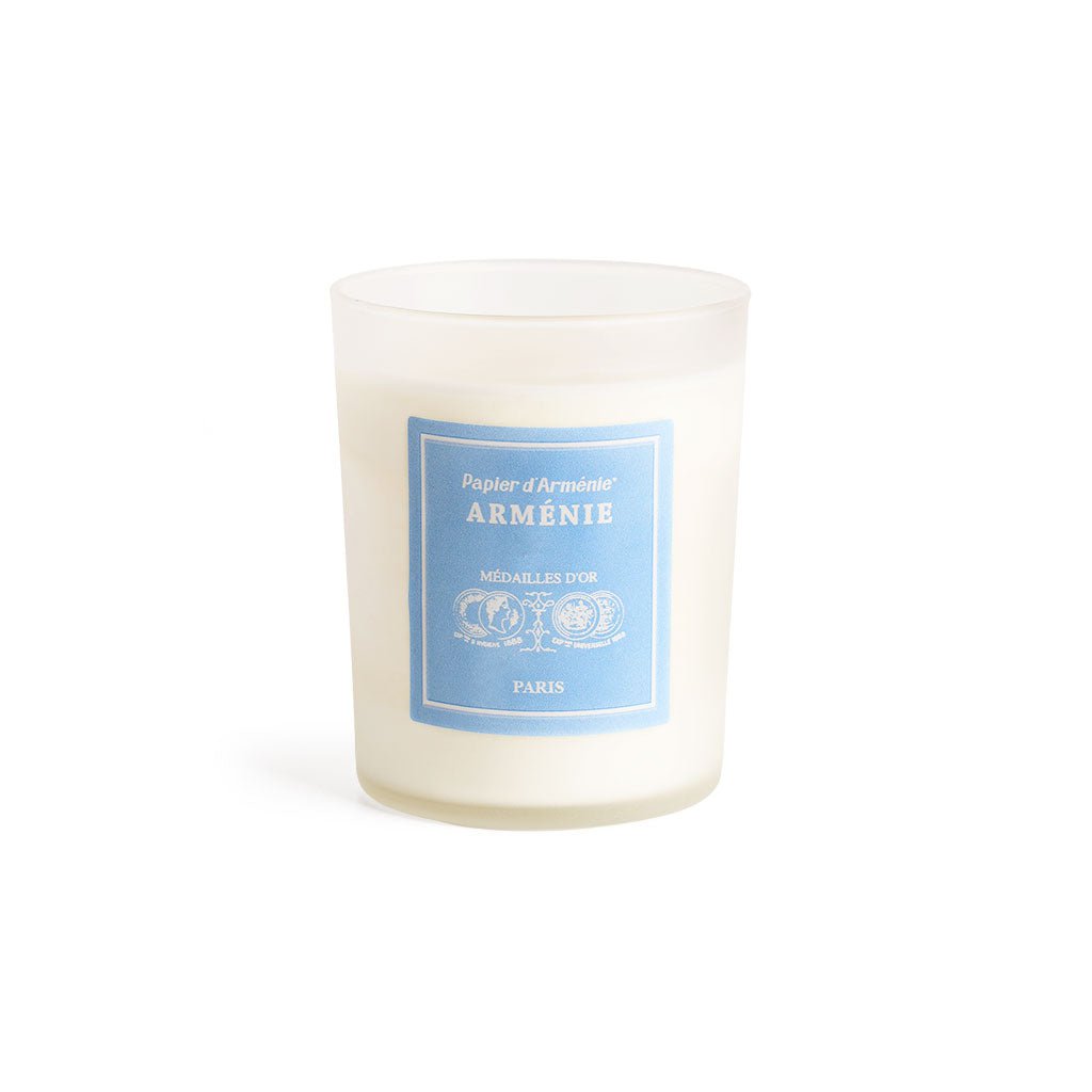 Armenie Papier d'Arménie Candle with blue label on white background