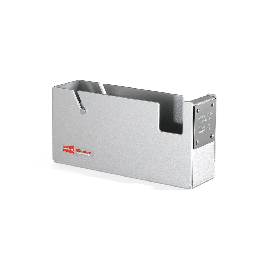 A silver steel large tape dispenser with red Penco logo on side on white background