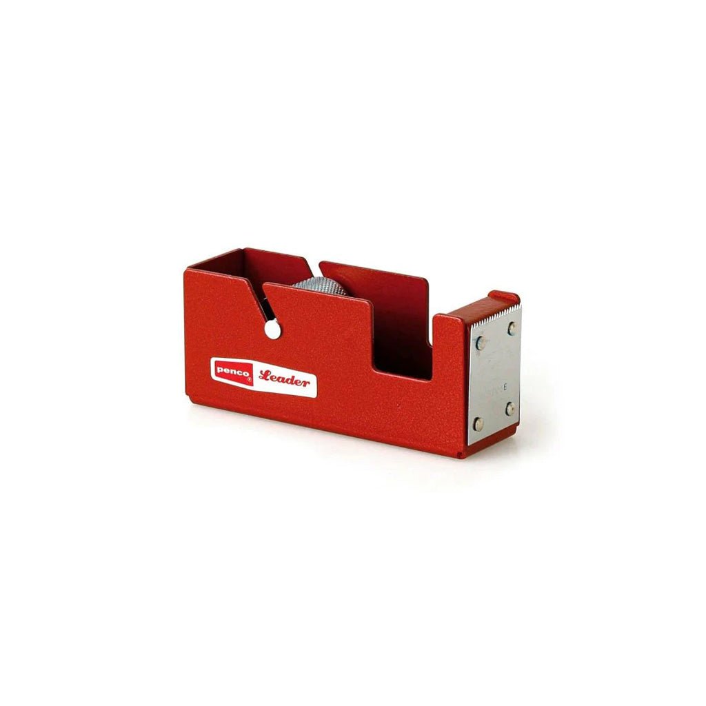 A small red steel tape dispenser on white background