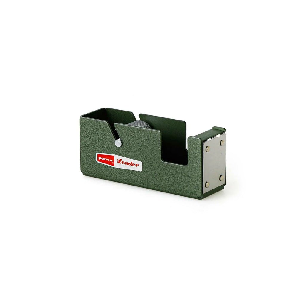 A small green steel tape dispenser on white background