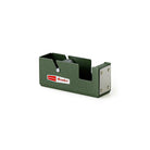 A small green steel tape dispenser on white background