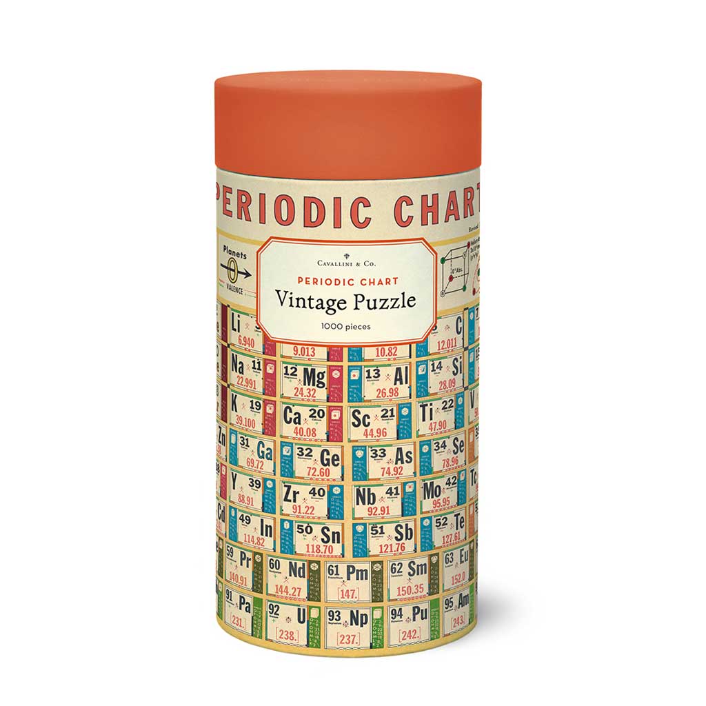  cylindrical puzzle box with periodic table design on a white background