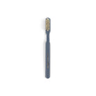 Dark blue striped toothbrush on white background