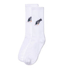 White American Trench socks with a gray pigeon graphic wrapped around the ankle