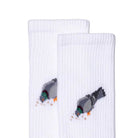 White socks with pigeon design on a white background