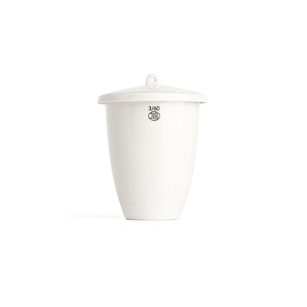 White porcelain jar with lid on white background.