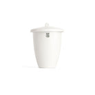White porcelain jar with lid on white background.