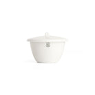 White porcelain jar with lid on white background.