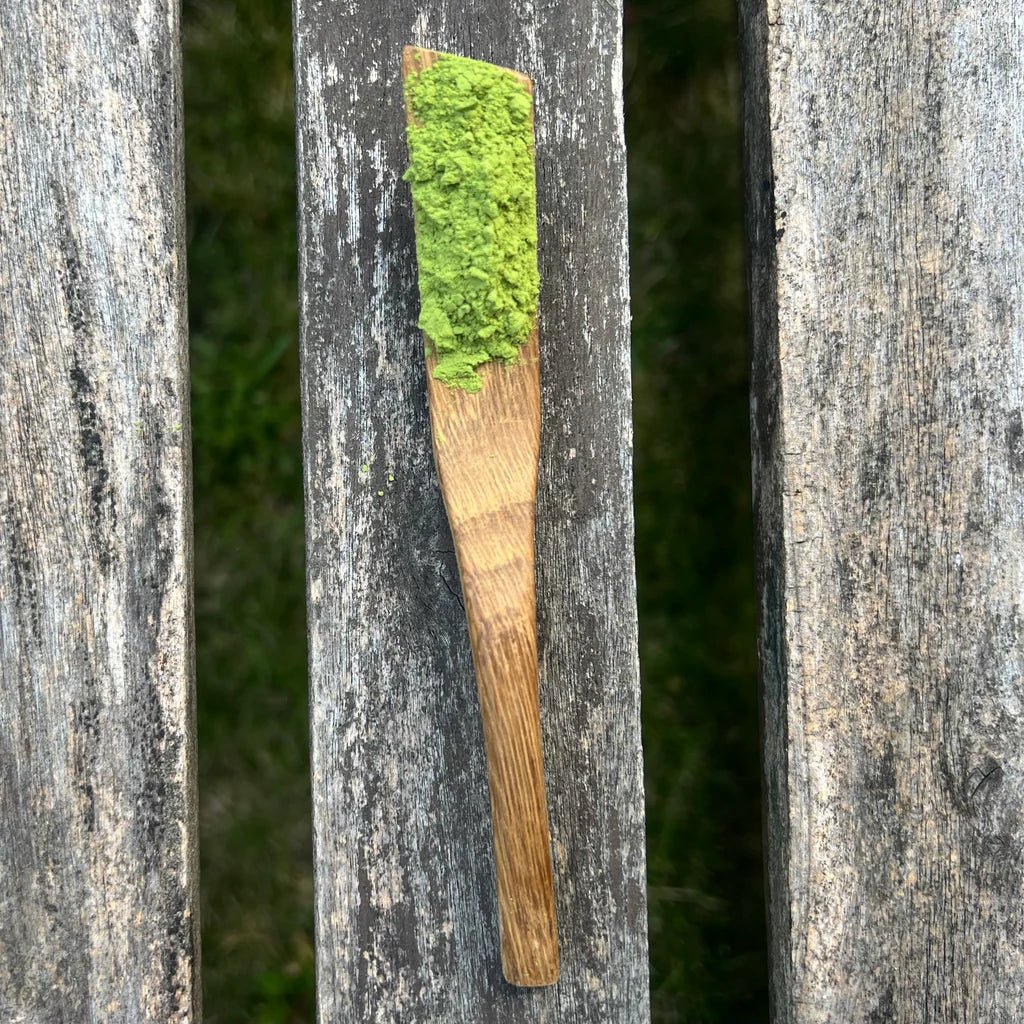 Wooden spoon with powdered sencha green tea against natural surface