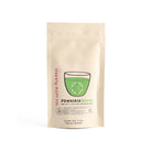 Kraft bag of powdered sencha green tea by Comins Tea on white background