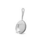 Mirrored finish julep strainer for cocktails at an angle on white background