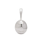 Back of mirrored finish julep strainer for cocktails on white background