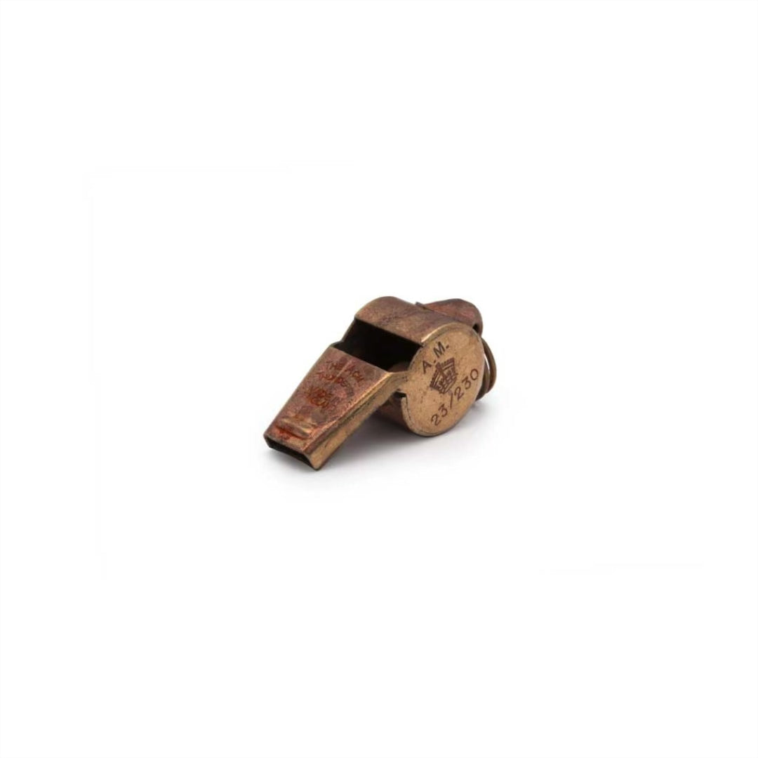 Video with sound of Acme distressed brass 60.5 air ministry whistle on white background