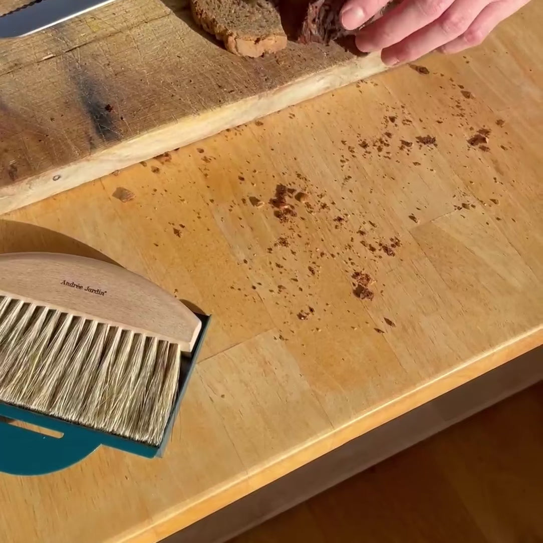 Video of hand sweeping bread crumbs off counter with  Andree Jardin table brush with metal dustpan 