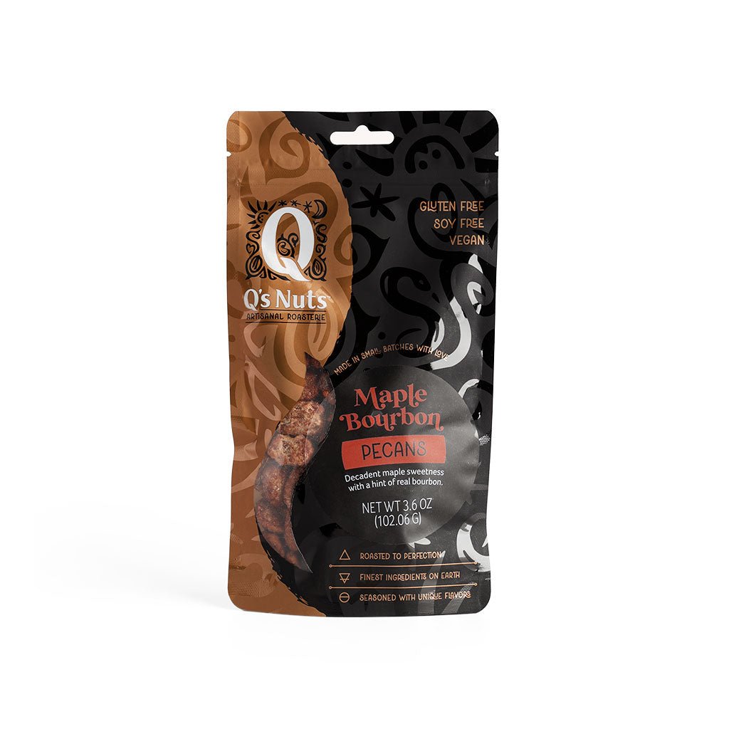 Bag of Q's Nuts Maple Bourbon Pecans in black and gold bag.