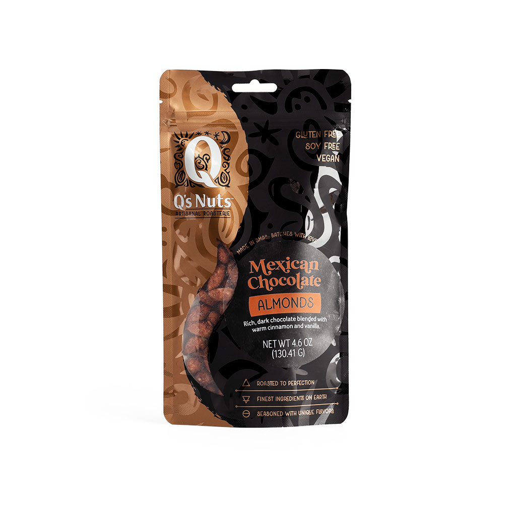 Q's Nuts Mexican Chocolate Almonds in black and gold bag.