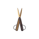 A pair of scissors with gold-toned metal blades and dark brown handles, shown open against a solid white background.