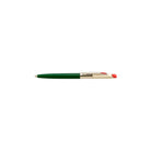 Pen with green body, gold accents, and red cap on a white background