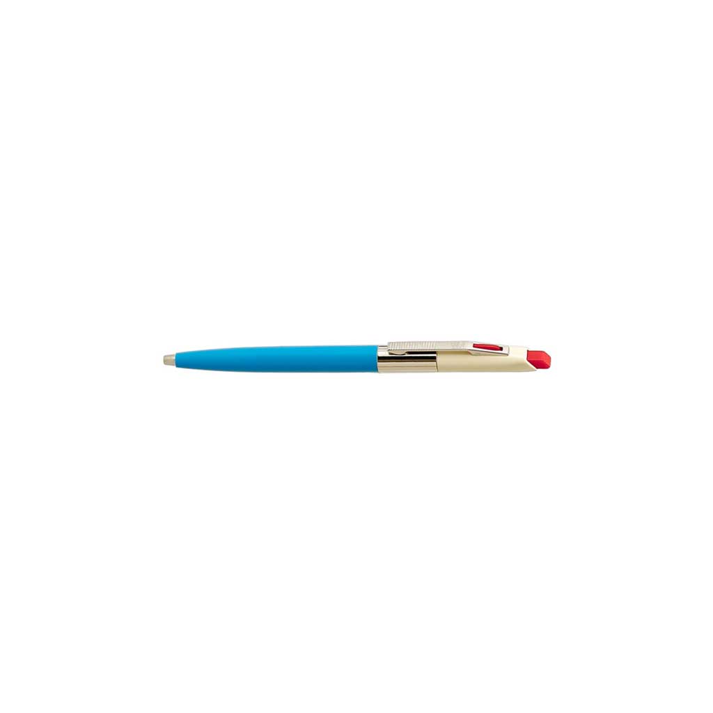 Blue pen with white and gold accents on white background