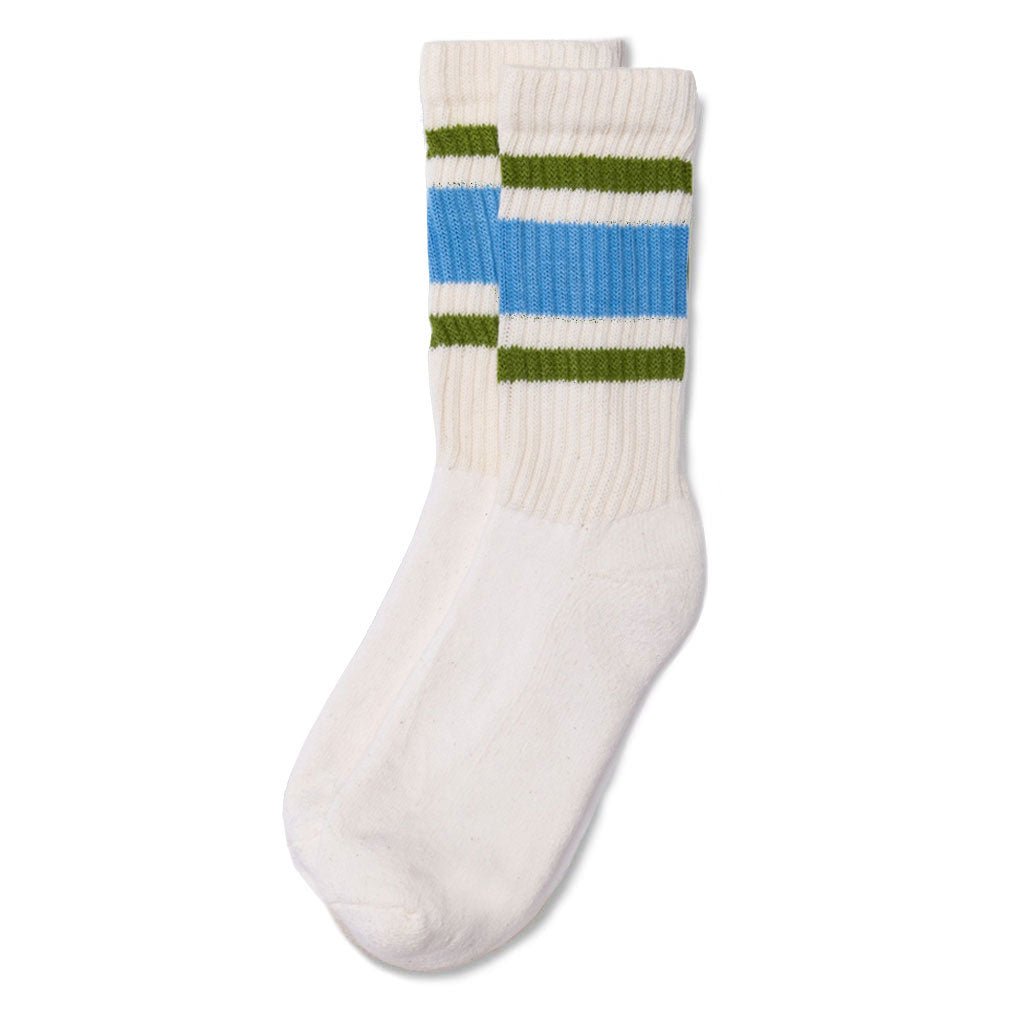 Pair of white ribbed crew socks with wide blue bands and thin green stripes near the top