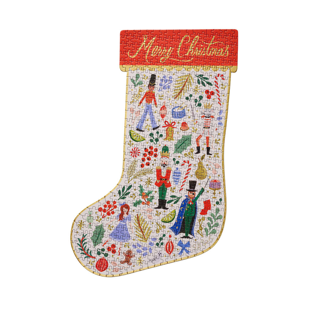 A stocking-shaped puzzle completed on white background.