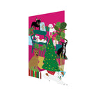 A holiday card with illustrated dogs and holiday decorations.