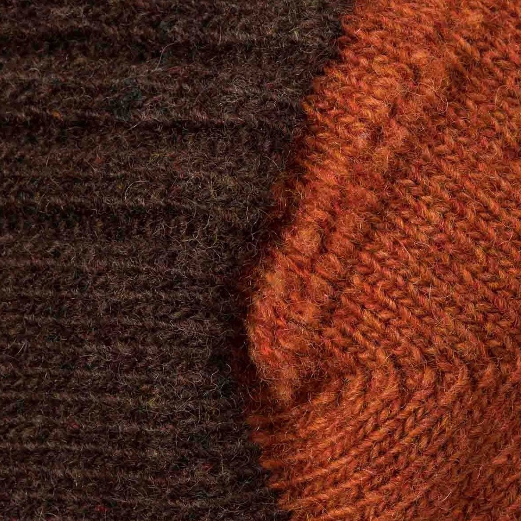 Close-up of brown and orange wool socks.