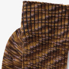 Close-up of brown multicolored socks in golden mustard, chestnut brown, dark cocoa, and soft lilac. 