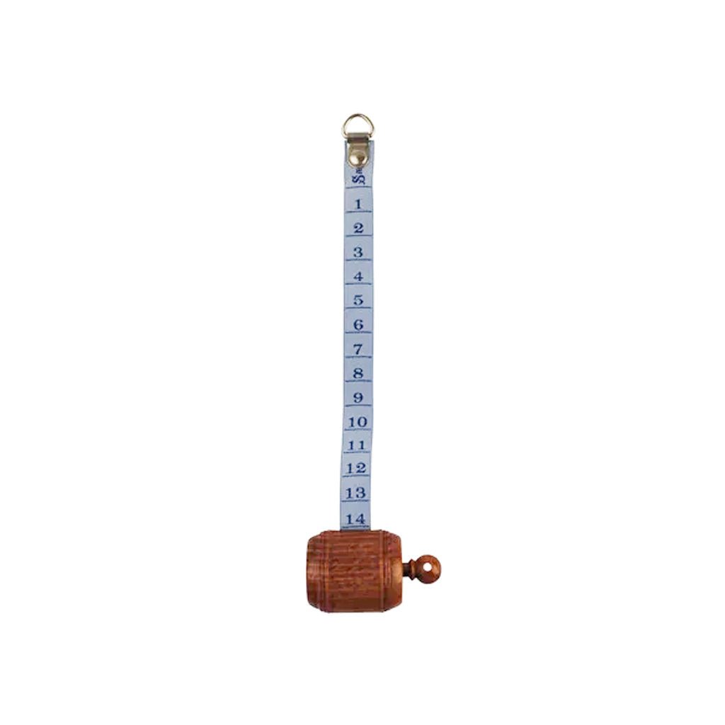 Wooden measuring tape with blue ribbon unfurled.