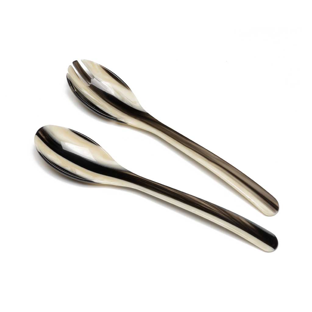 Horn dark brown and cream striped two-piece acrylic salad serving set on white background