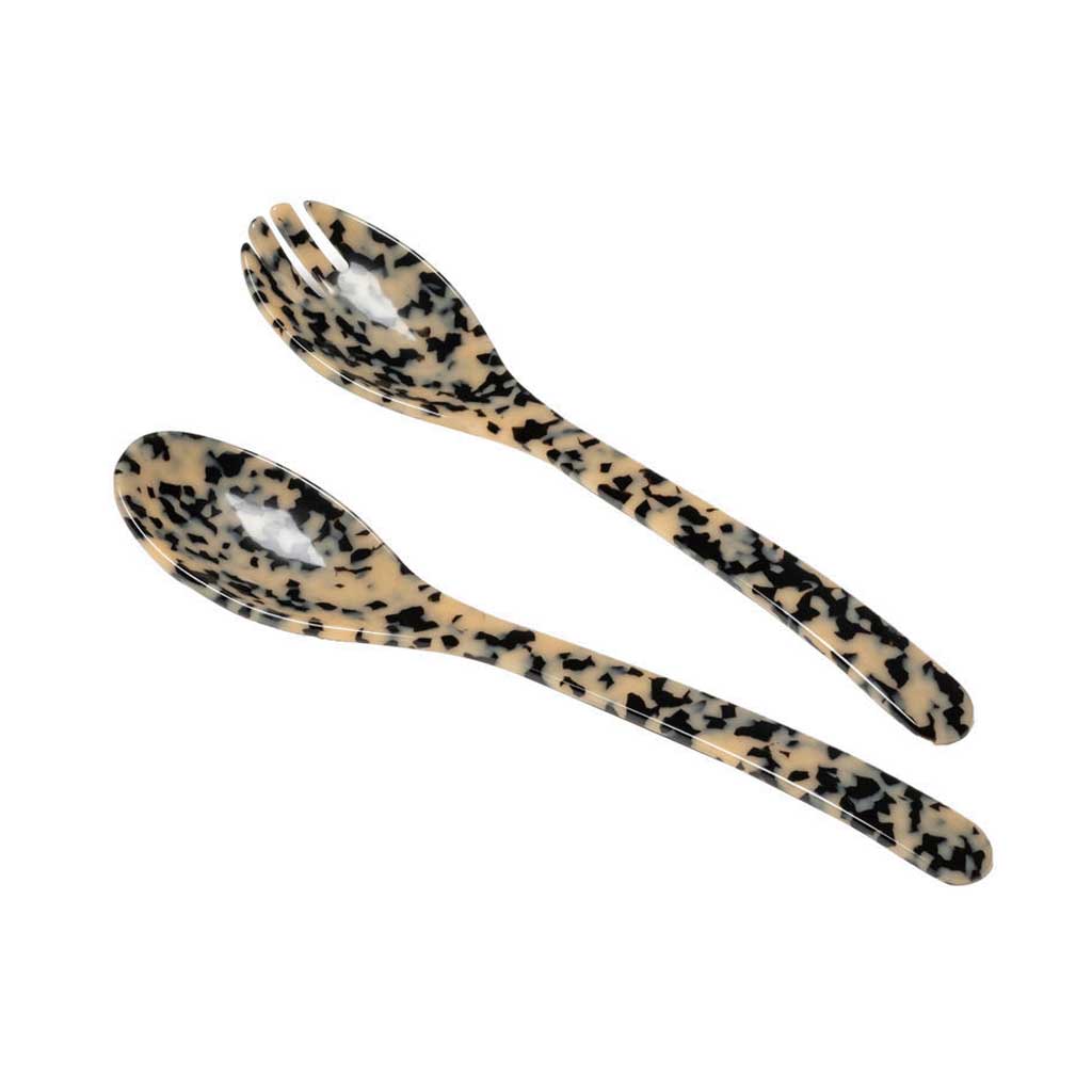 Leo cream and black tortoise-shell patterned acrylic two-piece salad serving set on white background