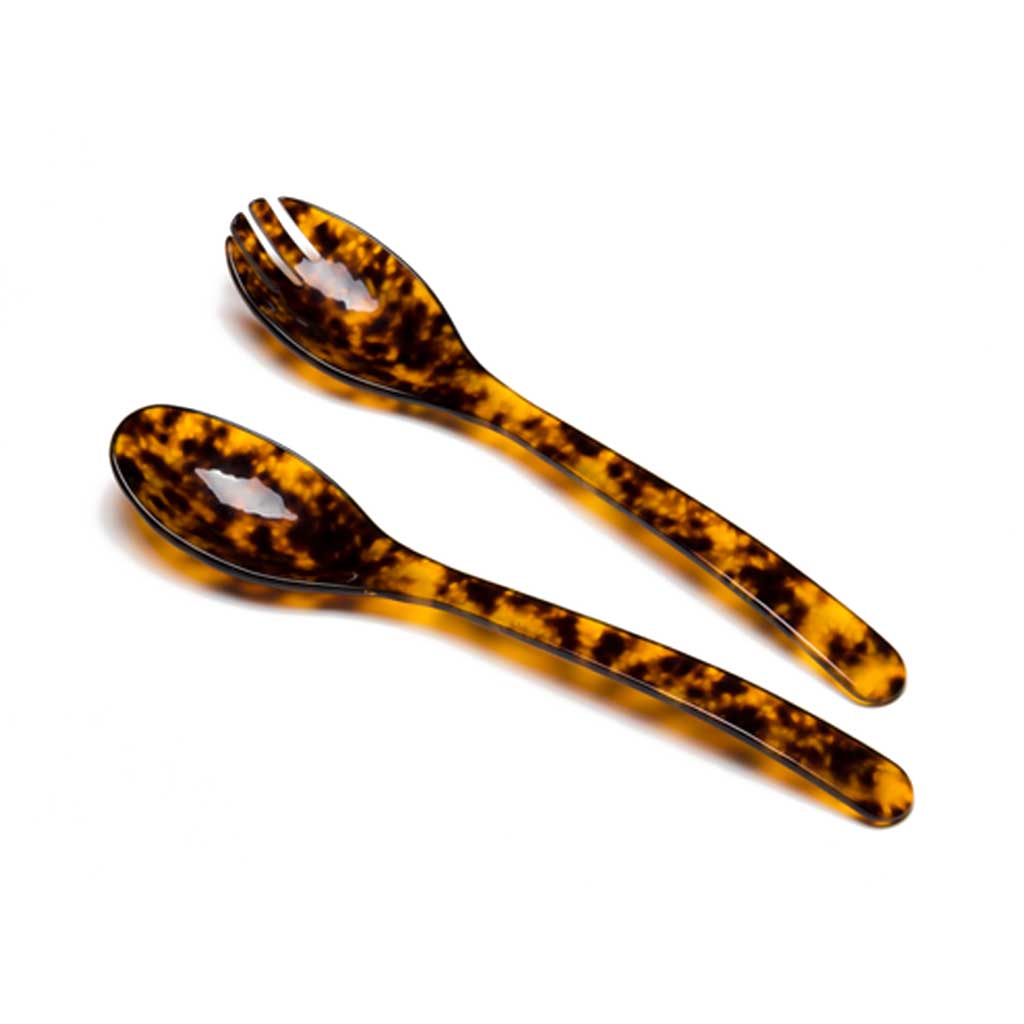 Tortoiseshell two-piece acrylic salad serving set on white background