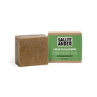 Bar of green tea and jasmine complexion soap next to packaging with green SallyeAnder label on white label