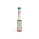 A medium rotary date stamp with a white handle and green accents, featuring Japanese text on the handle, as well as tiny illustrations of desktop essentials.