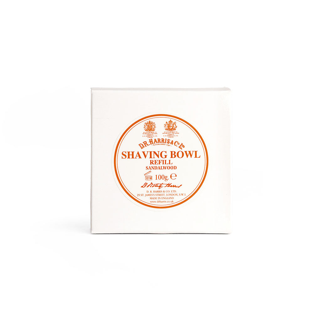 Sandalwood shaving soap bowl refill in packaging on a white background