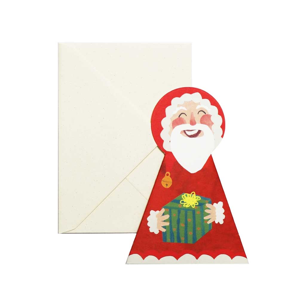 Card with an illustrated Santa Claus holding a gift on a white background