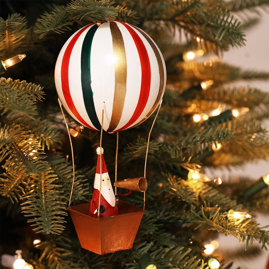 Santa in a Striped Hot Air Balloon Ornament Boston General Store