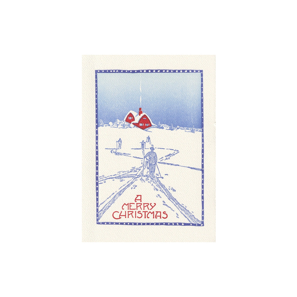 A letterpress-printed card with winter scene on the front.