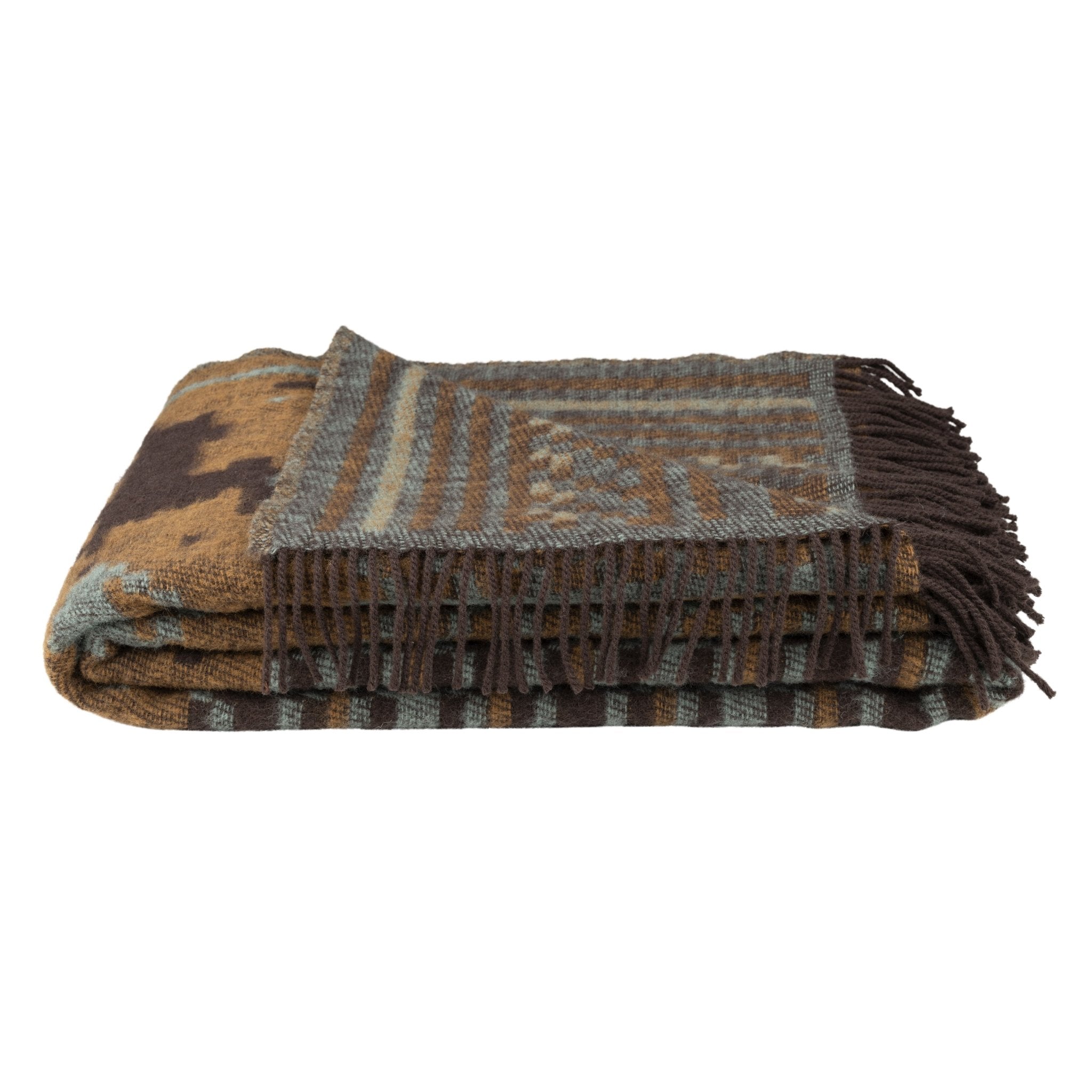 Folded patterned blanket with fringes on a white background