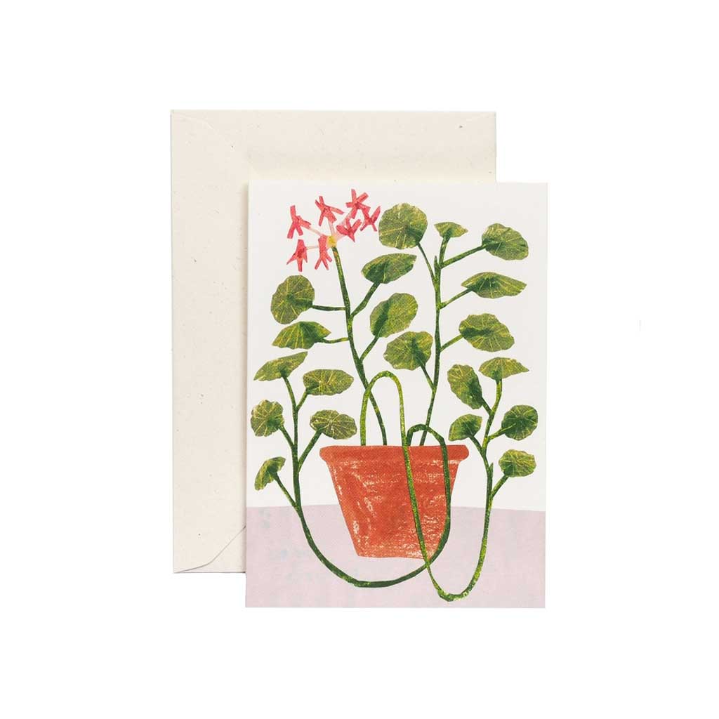 Greeting card with a potted plant illustration on a white background