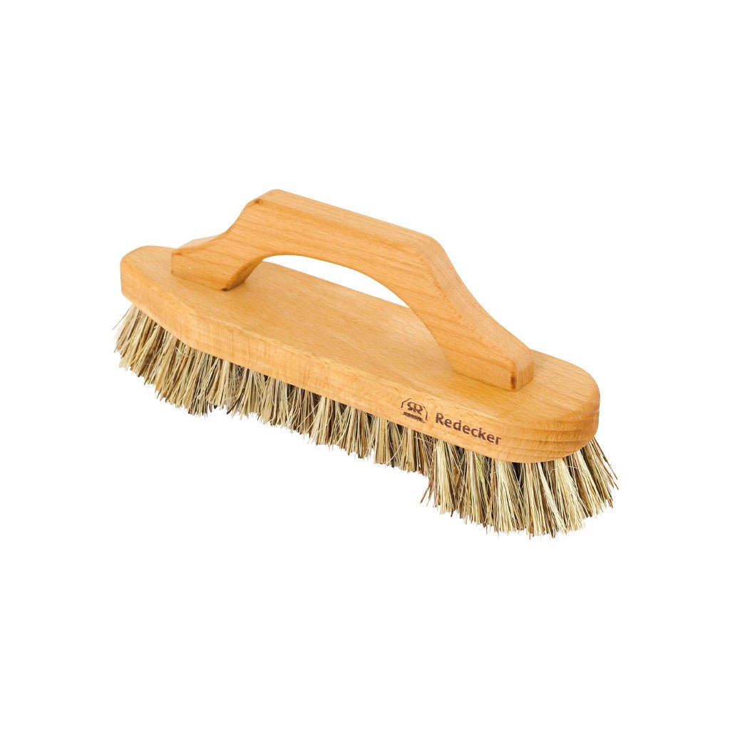 A wooden cleaning brush with a natural wood handle and dark-colored union fiber bristles, shown on a plain white background.