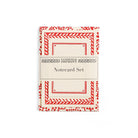 Notecard set with red border design on a white background